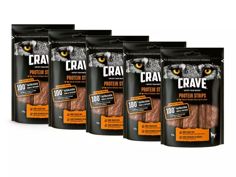 Crave Kausnack Protein Strips Huhn und Truthahn, 5 x 55 g 1 Crave Kausnack Protein Strips Huhn und Truthahn, 5 x 55 g