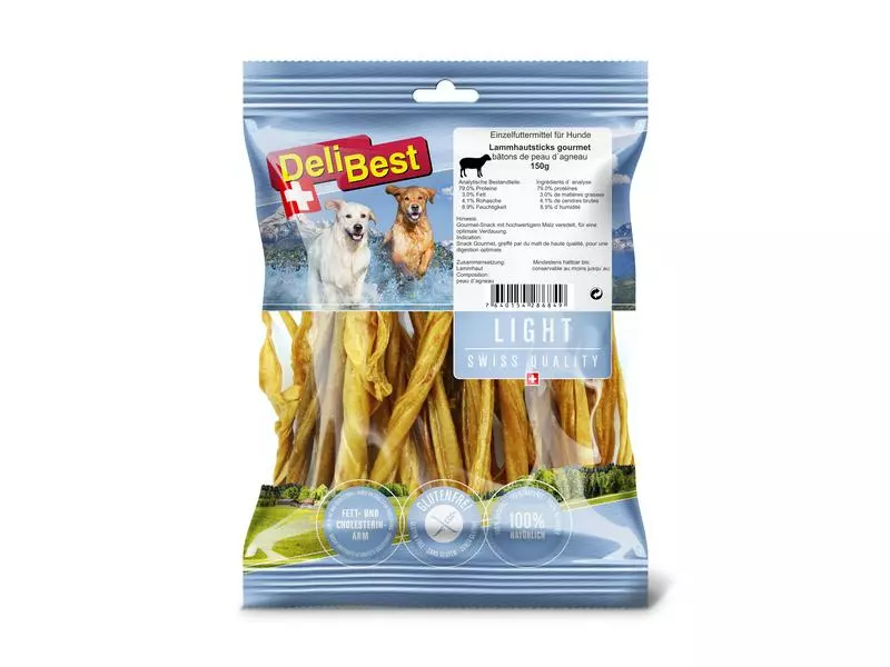 DeliBest Kausnack Light Lammhaut Sticks, 150 g 1 DeliBest Kausnack Light Lammhaut Sticks, 150 g