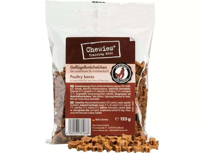 Chewies Leckerli Training Mini Geflügelknöchelchen, 125 g 1 Chewies Leckerli Training Mini Geflügelknöchelchen, 125 g