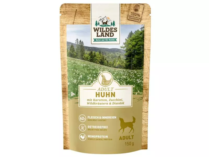 Wildes Land Nassfutter Huhn mit Karotten, Zucchini & Wildkräutern, 150g 1 Wildes Land Nassfutter Huhn mit Karotten, Zucchini & Wildkräutern, 150g