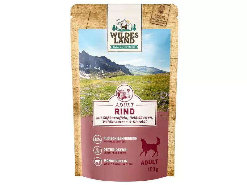Wildes Land Nassfutter Rind mit Süsskartoffeln & Heidelbeeren 8 x 150 g 1 Wildes Land Nassfutter Rind mit Süsskartoffeln & Heidelbeeren 8 x 150 g