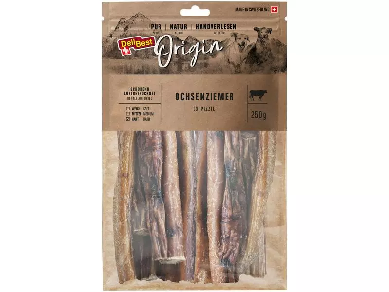 DeliBest Kausnack Origin Ochsenziemer 15 cm, 250 g, Schweizer Fleisch 1 DeliBest Kausnack Origin Ochsenziemer 15 cm, 250 g, Schweizer Fleisch