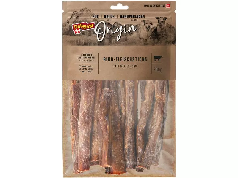 DeliBest Kausnack Origin Rind-Fleischsticks 200 g, Schweizer Fleisch 1 DeliBest Kausnack Origin Rind-Fleischsticks 200 g, Schweizer Fleisch