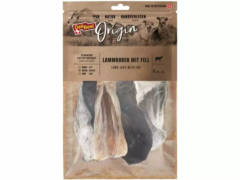 DeliBest Kausnack Origin Lammohren mit Fell 4 Stk, Schweizer Fleisch 1 DeliBest Kausnack Origin Lammohren mit Fell 4 Stk, Schweizer Fleisch