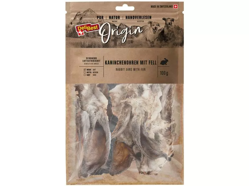 DeliBest Kausnack Origin Kaninchenohren mit Fell 100 g 1 DeliBest Kausnack Origin Kaninchenohren mit Fell 100 g