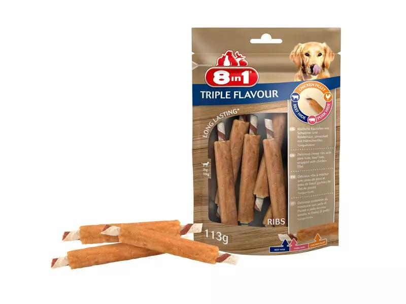 8in1 Kausnack Triple Flavour Ribs, 6 Stk., 113 g 1 8in1 Kausnack Triple Flavour Ribs, 6 Stk., 113 g
