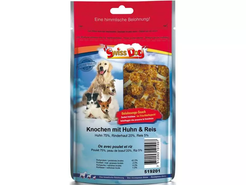 SwissDog Kausnack Knochen mit Huhn & Reis, 7 cm, 400 g 1 SwissDog Kausnack Knochen mit Huhn & Reis, 7 cm, 400 g